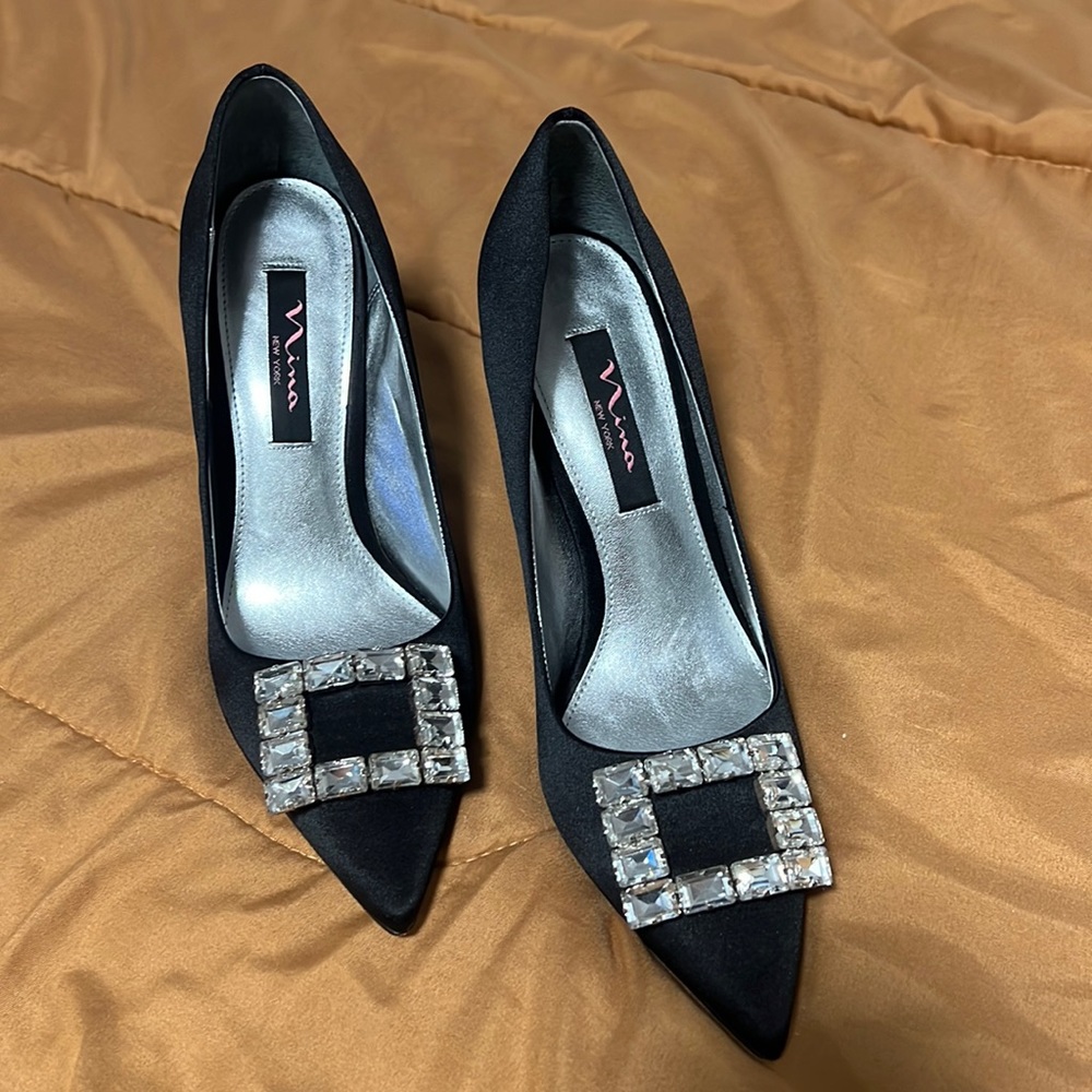 NINA Black Satin Large Crystal Shoes High Heel Pumps Size 8.5